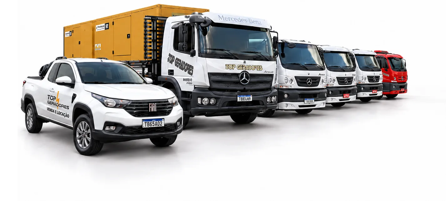 Frota própria da Top Geradores com carros, vans e caminhão